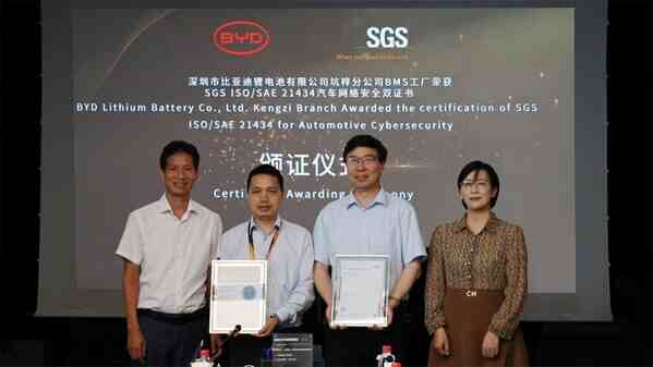 比亚迪电池获颁SGS及旗下CertX中国首张经SAS认可的 ISO/SAE 21434证书