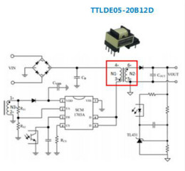 适用于5W以下的AC/DC汽车级隔离直插式变压器 ——TTLDE05-20B-D系列