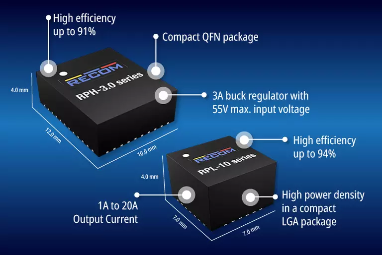 RECOM提供高达 20 A 电流的新型 RPL 与 RPH 系列降压转换器